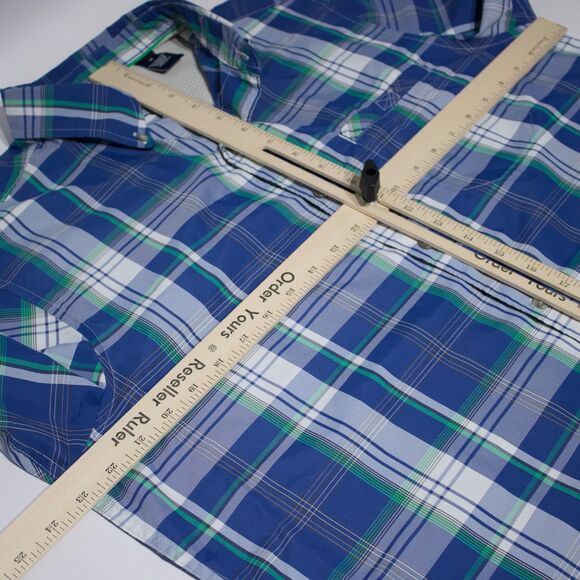 Chaps Ralph Lauren Blue Poly Plaid Short Sleeve Camp Shirt Button Down Men Sz. M - Picture 8 of 9